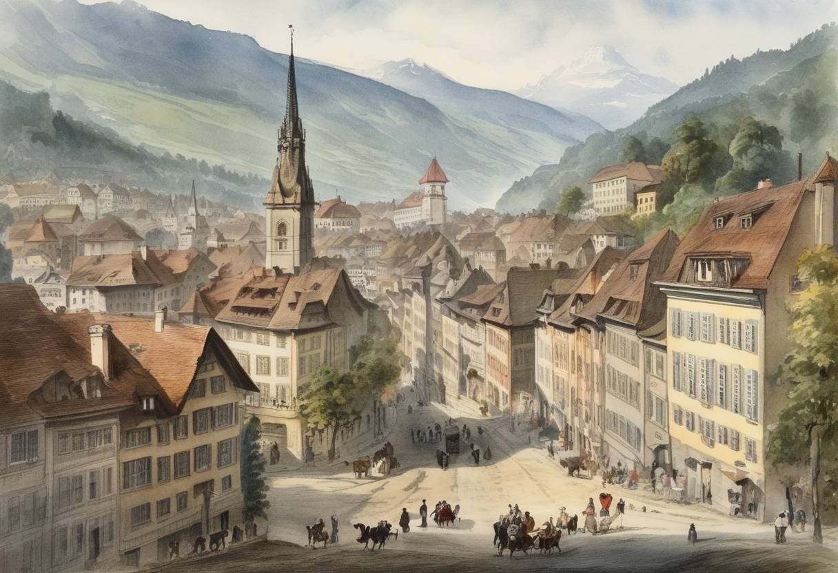 Watercolor painting based depiction of Swiss citizens accept the Swiss Federal Constitution, leading to the creation of the modern Swiss Confederation. (1849)