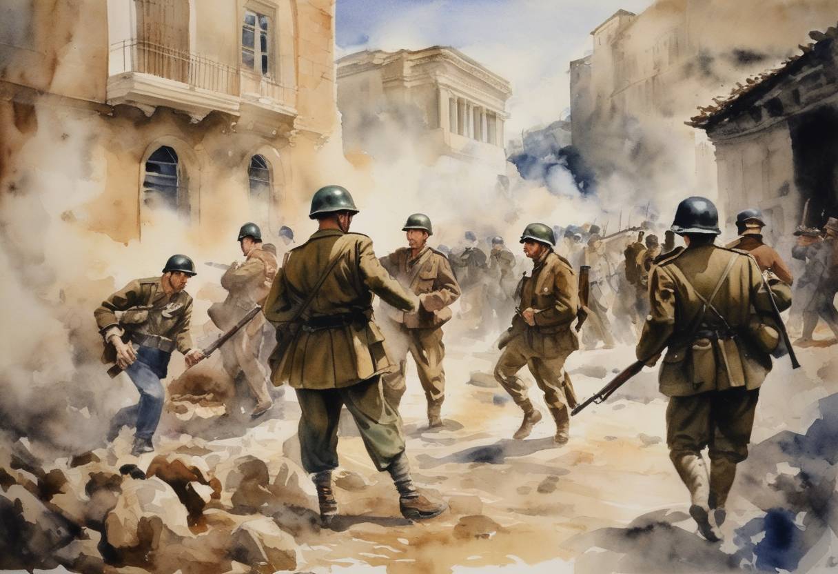 Watercolor painting based depiction of British troops and their allies clashed with leftist forces (EAM-ELAS) in Athens, marking the start of the Dekemvriana conflict in Greece. (1944)