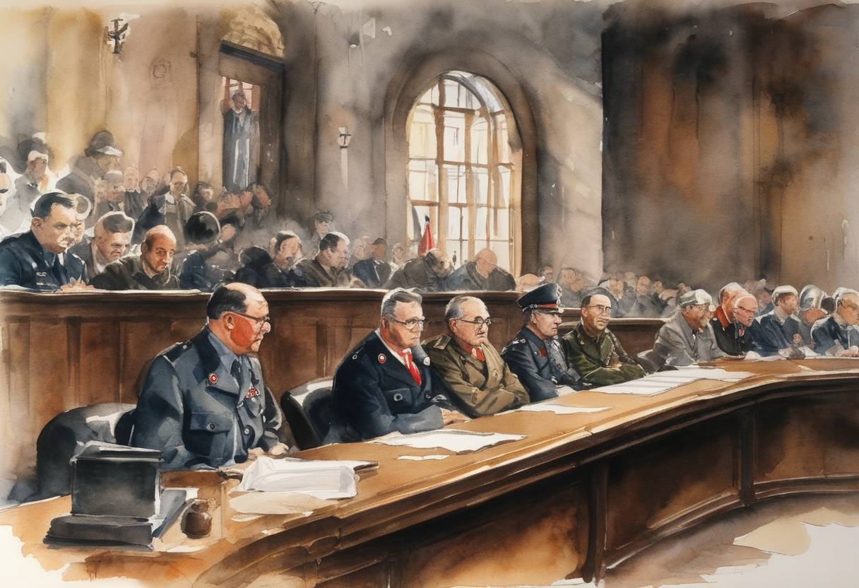 Watercolor painting based depiction of The 'Trial of the Major War Criminals' in Nuremberg, known as the Nuremberg Trials, concluded its last public session before the judicial panels delivered their verdicts the following year. (1946)