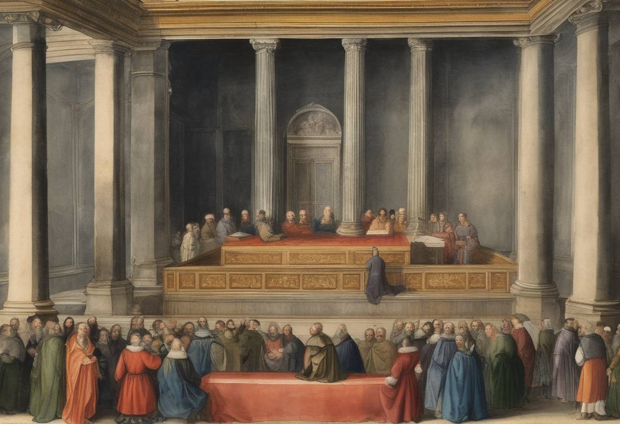 Watercolor painting based depiction of Overbury's trial: Galileo Galilei presents his lecture on the "Hydrostatic Balance," marking one of his early efforts to revolutionize scientific thought. (1580)