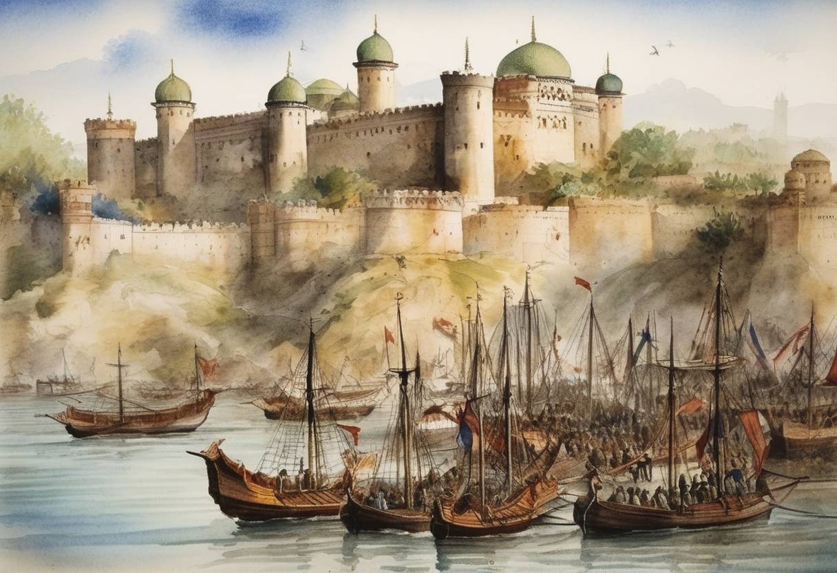 Watercolor painting based depiction of The Ottoman Turks occupy Belgrade and annex it into the Ottoman Empire, marking the end of the Siege of Belgrade. (1521)