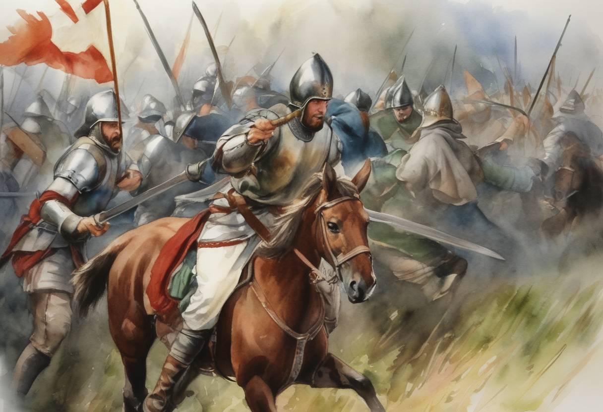 Watercolor painting based depiction of The Livonian Brothers of the Sword defeated an Estonian army at the Battle of Viljandi during the Livonian Crusade. (1211)