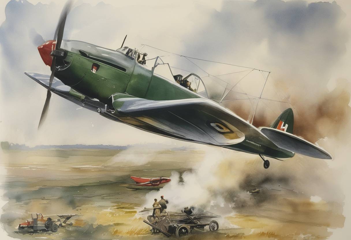 Watercolor painting based depiction of A prototype aircraft made by de Havilland, the DH.110, disintegrates and crashes at the Farnborough Airshow, killing 29 spectators and the test pilot. (1952)