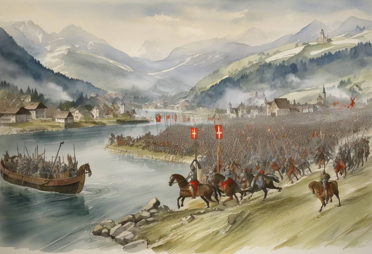 Watercolor painting based depiction of The Battle of Morgarten, which actually took place on November 15, 1315, resulted in a confederation of the three Swiss cantons of Uri, Schwyz, and Unterwalden. On December 9, 1315, these cantons renewed their alliance with the Pact of Brunnen, which was a step toward the formation of modern Switzerland. (1315)