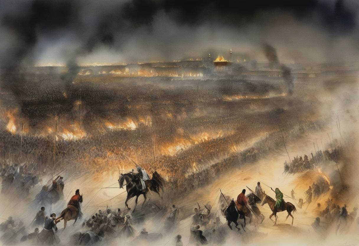 Watercolor painting based depiction of The Battle of Karbala occurred, a pivotal event in early Islamic history where Husayn ibn Ali, the grandson of the Prophet Muhammad, was killed along with his supporters by the forces of the Umayyad caliph Yazid I. (680)