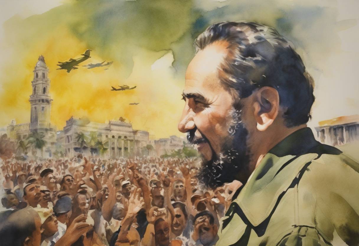 Watercolor painting based depiction of Fidel Castro announces that anyone who wants to leave Cuba can do so without opposition. This leads to the 'Freedom Flights', a series of flights that carried hundreds of thousands of Cubans to the United States. (1965)