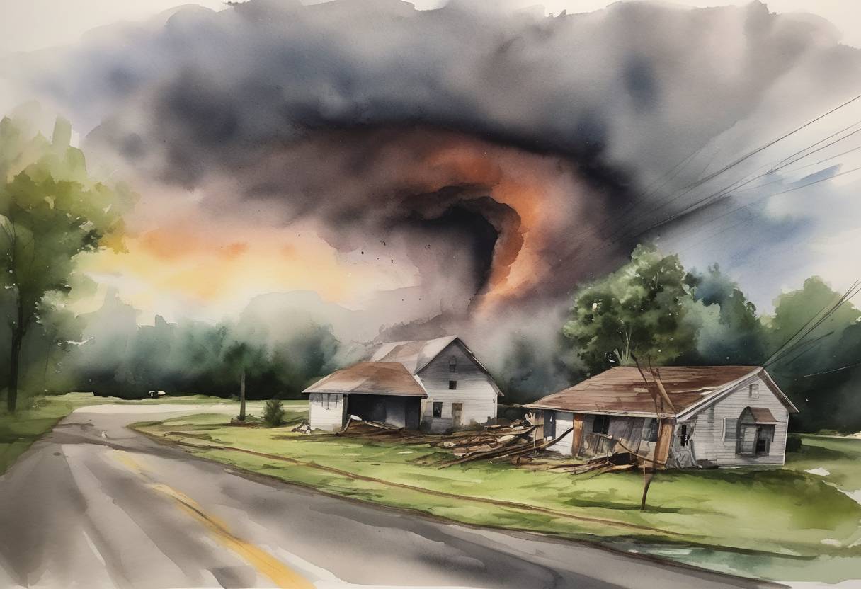 Watercolor painting based depiction of A series of destructive tornadoes struck several U.S. states, with Kentucky being the hardest hit. The tornado outbreak resulted in significant loss of life and property damage, marking it as one of the deadliest in the region's history for that time of year. (2021)
