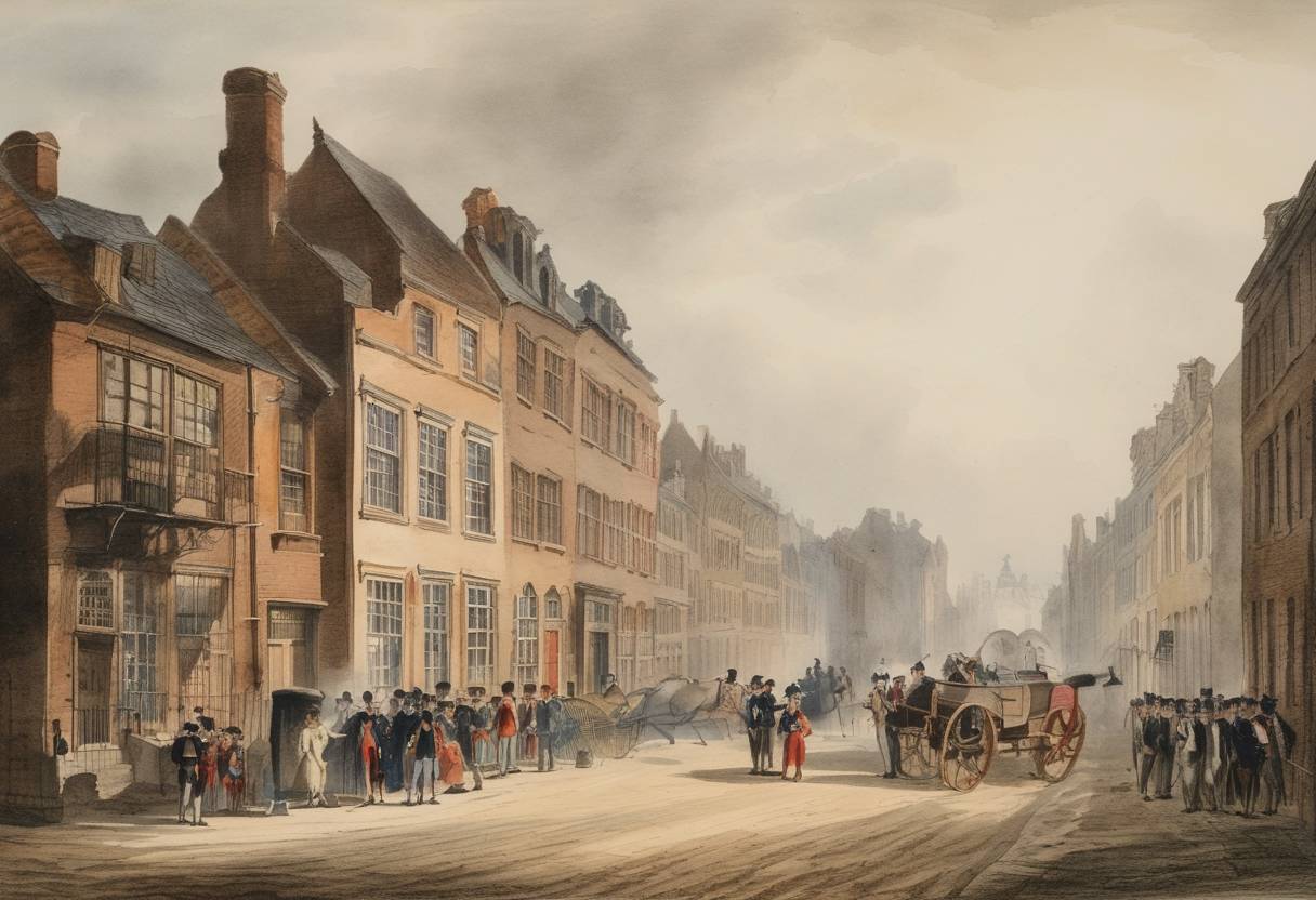 Watercolor painting based depiction of The United States signed the Treaty of Ghent, ending the War of 1812 between the United States and the United Kingdom. Although signed on this date, the treaty needed ratification by both parties before it took effect. (1815)