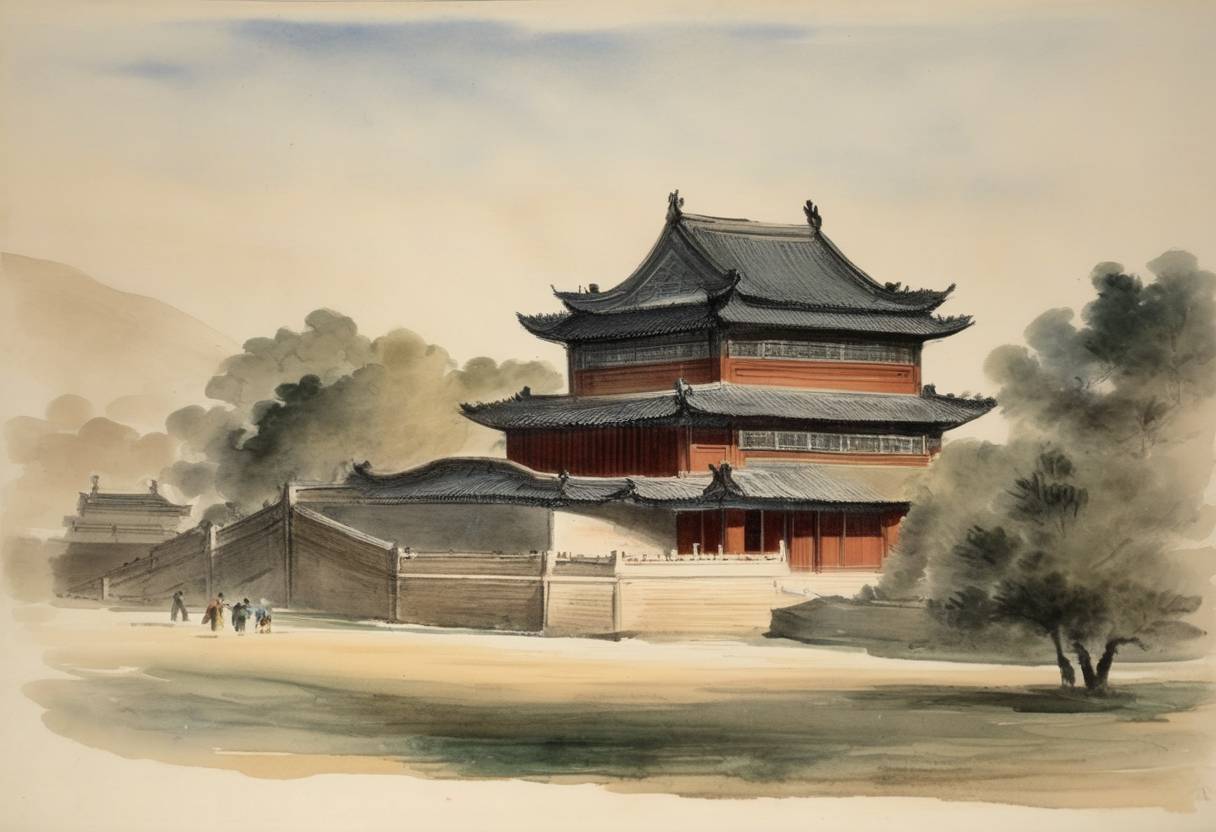 Watercolor painting based depiction of Peking University, the oldest Chinese language university, was established in Beijing. (1790)