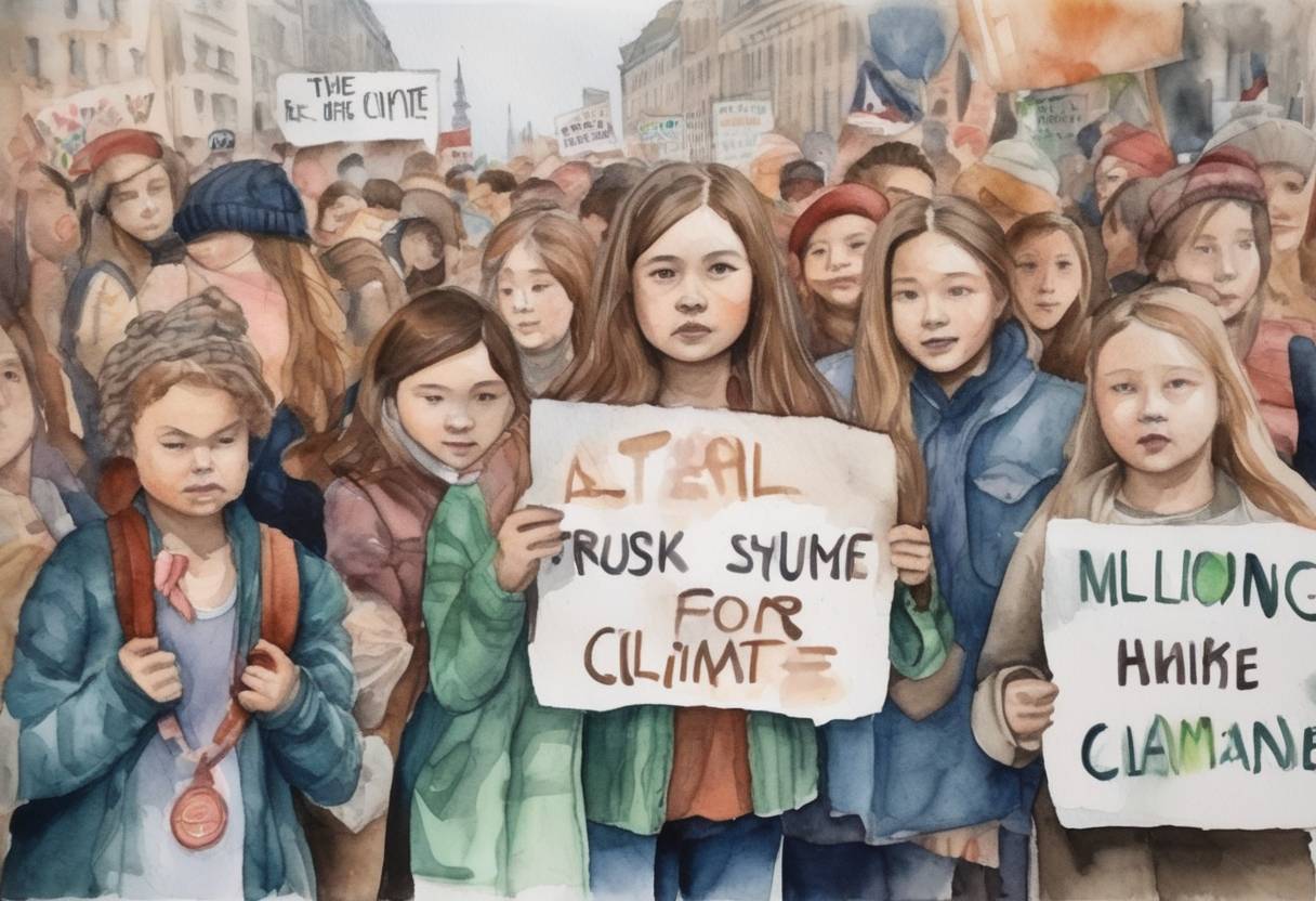 Watercolor painting based depiction of Millions of young people led global climate strikes, inspired by activist Greta Thunberg, calling for urgent action against climate change. (2019)