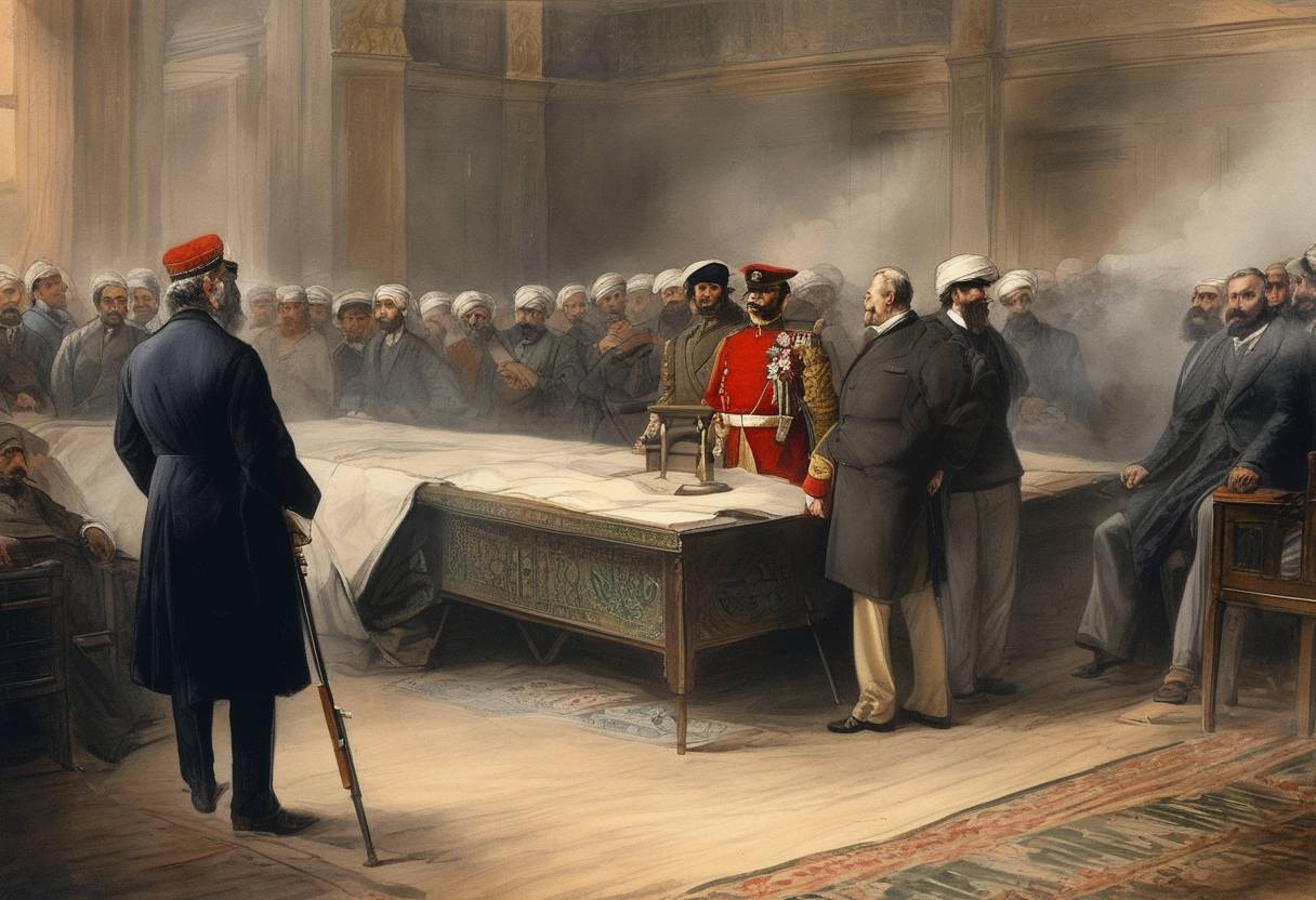 Watercolor painting based depiction of The first attempt to impeach British Secretary of War Edward Cardwell is filed in the House of Commons over his handling of the Arabi Pasha rebellion. (1868)
