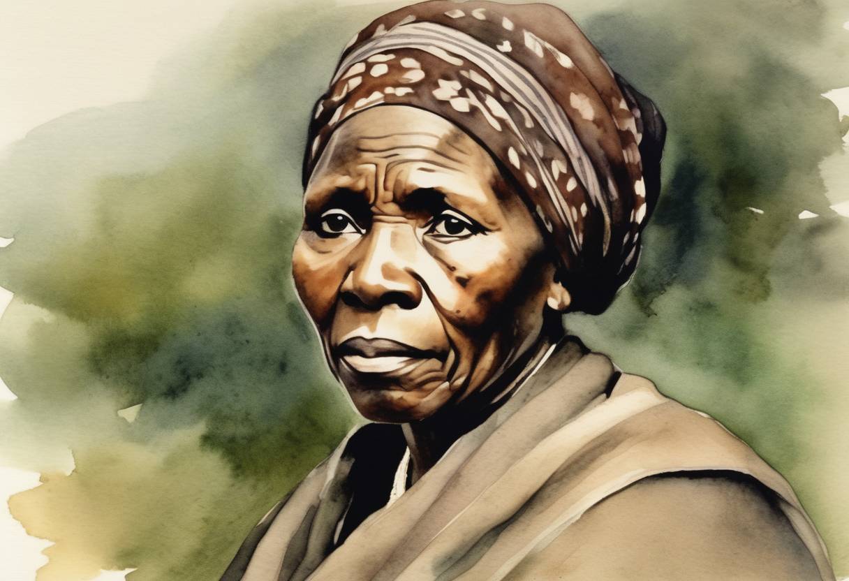 Watercolor painting based depiction of Harriet Tubman escaped slavery. Tubman is an iconic figure in American history, known for her role as a conductor on the Underground Railroad, where she bravely helped enslaved African Americans escape to freedom. (1849)