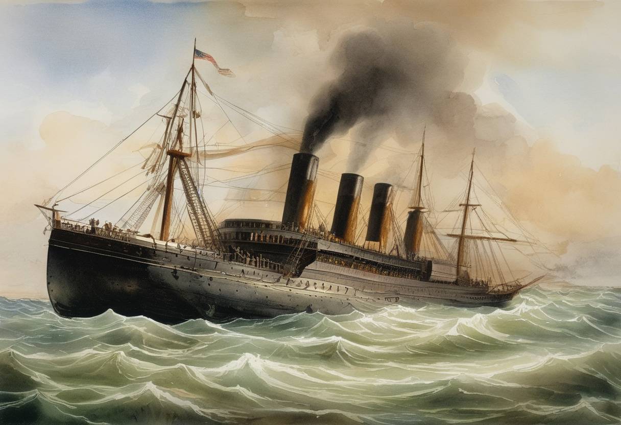 Watercolor painting based depiction of The SS Central America, a steamship carrying over 400 passengers and large quantities of gold from the California Gold Rush, sank off the coast of the Carolinas during a hurricane. (1857)