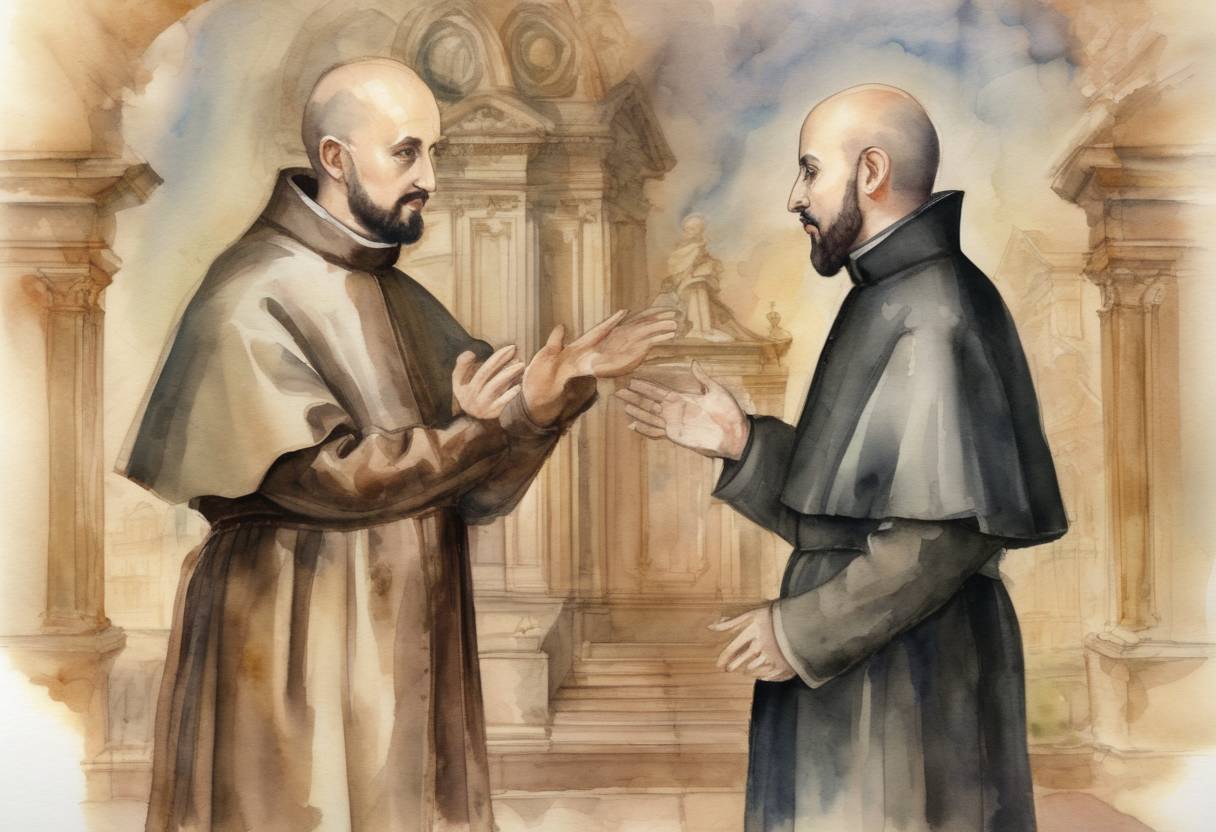 Watercolor painting based depiction of Ignatius of Loyola and Francis Xavier, founders of the Society of Jesus (Jesuits), are canonized as saints by the Catholic Church. (1622)