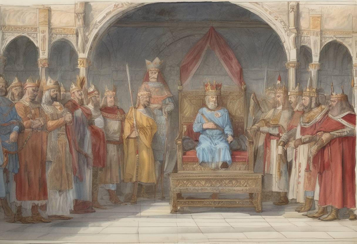 Watercolor painting based depiction of Dagobert I, King of the Franks, dies and is succeeded by his son Clovis II in Neustria and Burgundy, while his other son, Sigebert III, continues to rule in Austrasia. (639)