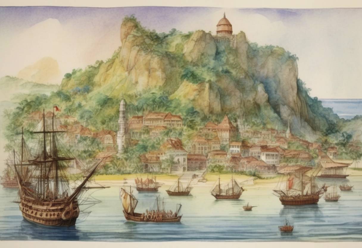 Watercolor painting based depiction of On July 31, 1498, Christopher Columbus, on his third voyage, became the first European to discover the island of Trinidad. (1498)