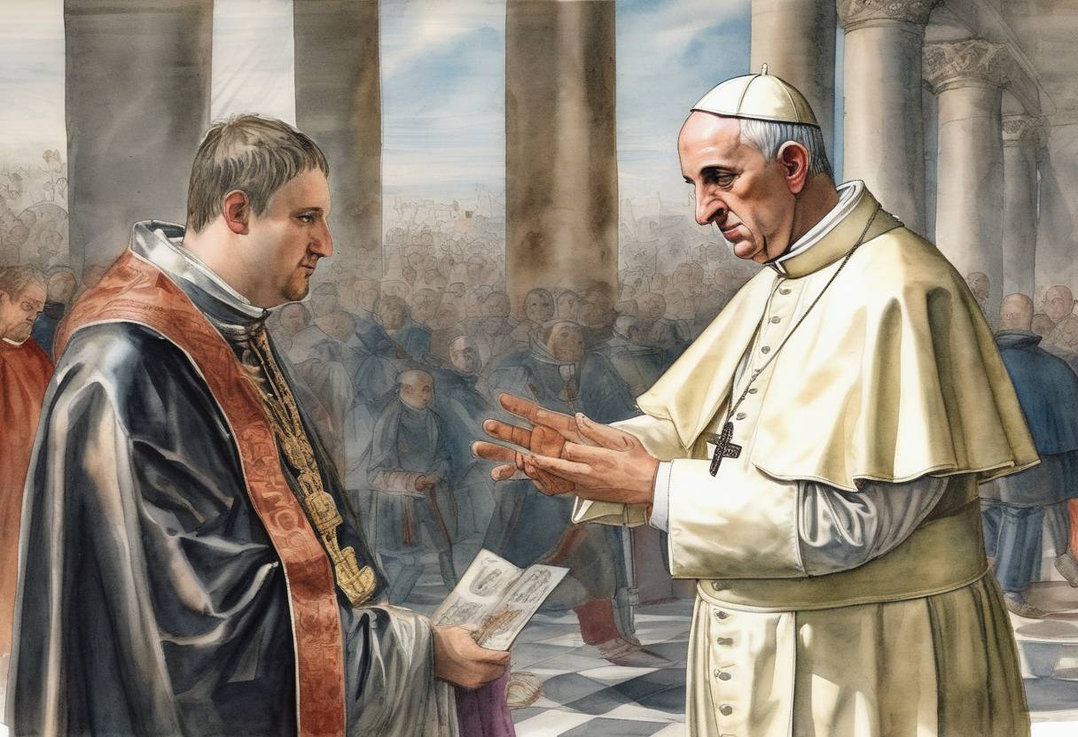 Watercolor painting based depiction of Pope Leo X excommunicated Martin Luther with the papal bull Decet Romanum Pontificem. (1521)