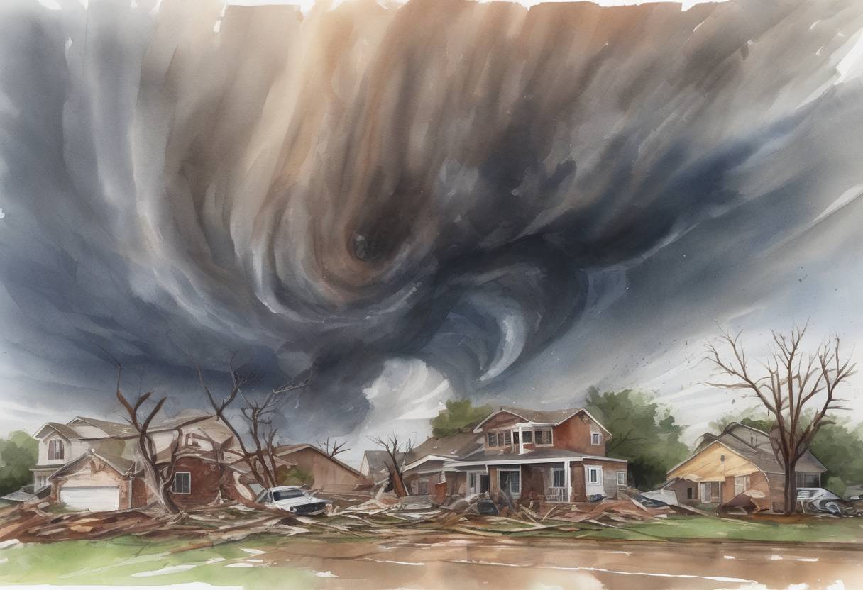Watercolor painting based depiction of A massive tornado strikes Moore, Oklahoma, causing widespread destruction and resulting in 24 fatalities. (2013)