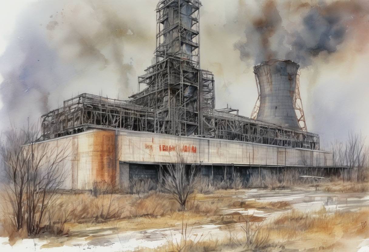 Watercolor painting based depiction of The Chernobyl disaster occurs at the Chernobyl Nuclear Power Plant in the Soviet Union, resulting in a catastrophic nuclear accident. (1986)