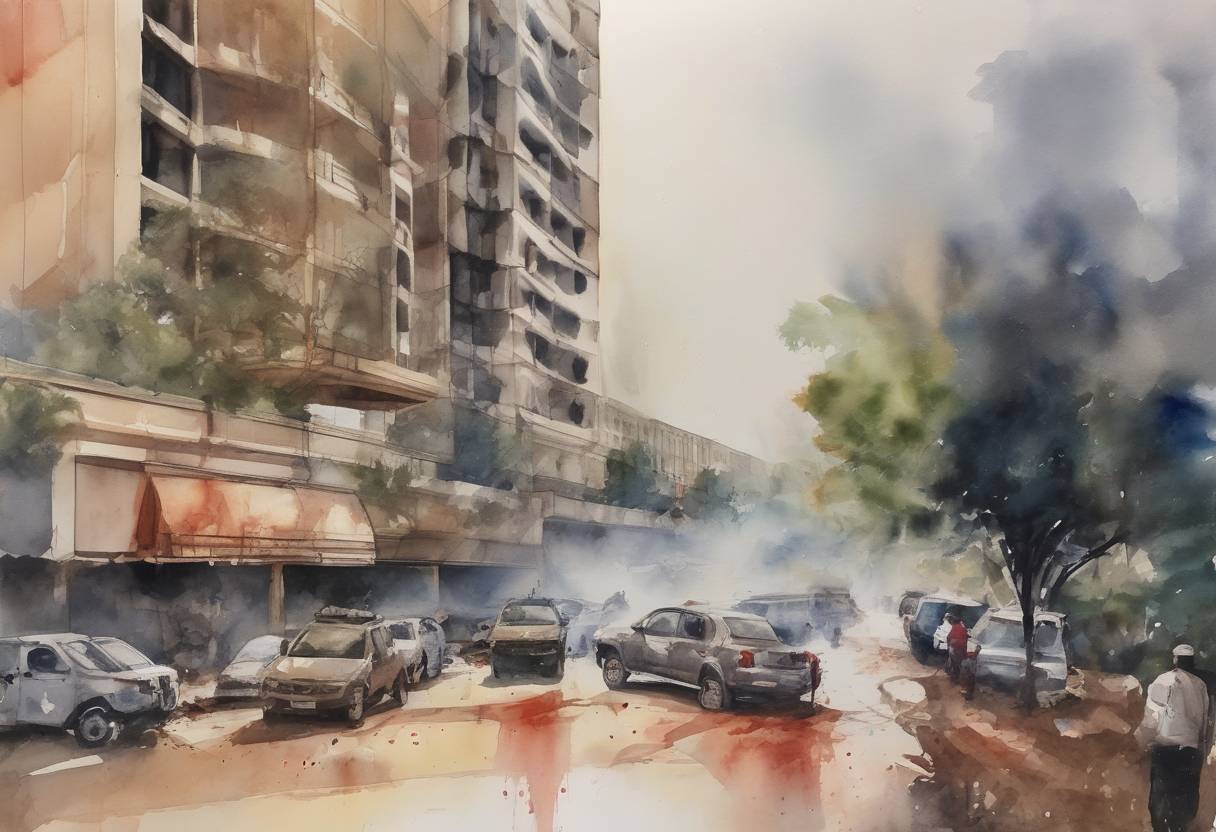 Watercolor painting based depiction of A terrorist attack at the DusitD2 hotel complex in Nairobi, Kenya, results in the deaths of at least 21 people, with the extremist group al-Shabaab claiming responsibility. (2019)