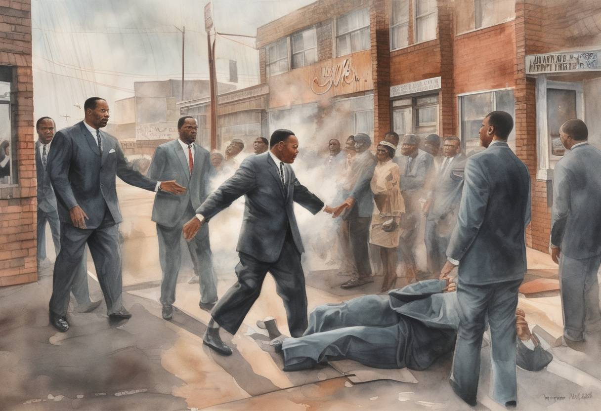 Watercolor painting based depiction of Civil rights leader Martin Luther King Jr. is assassinated at the Lorraine Motel in Memphis, Tennessee, leading to nationwide riots and a period of mourning. (1968)