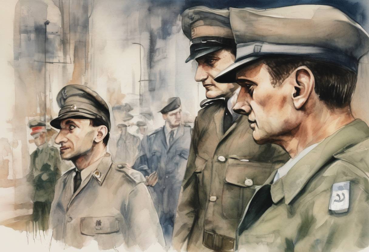 Watercolor painting based depiction of Israeli agents capture Nazi war criminal Adolf Eichmann in Buenos Aires, Argentina. (1960)