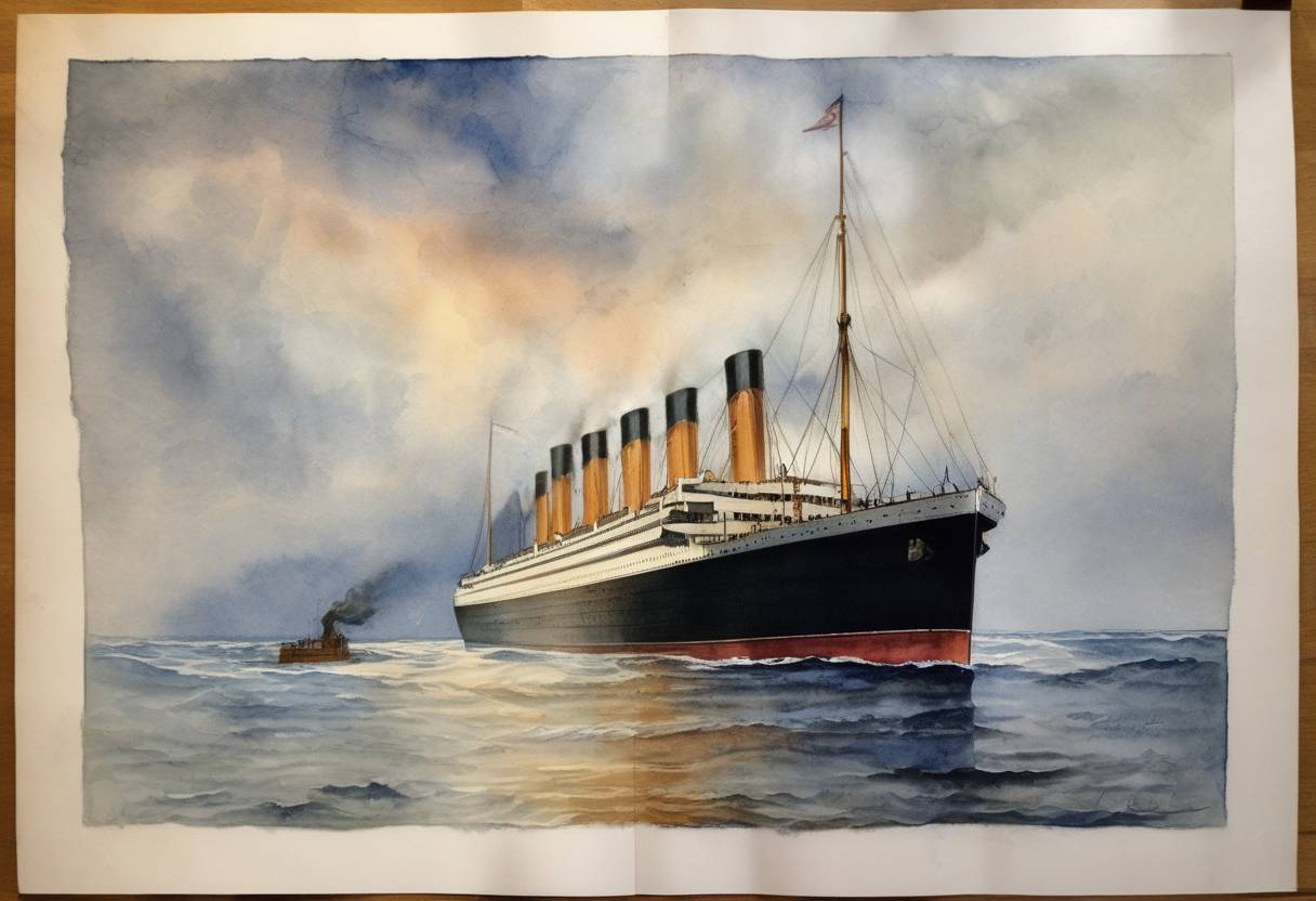 Watercolor painting based depiction of The RMS Titanic sank in the North Atlantic Ocean after hitting an iceberg, resulting in the deaths of over 1,500 passengers and crew. (1912)