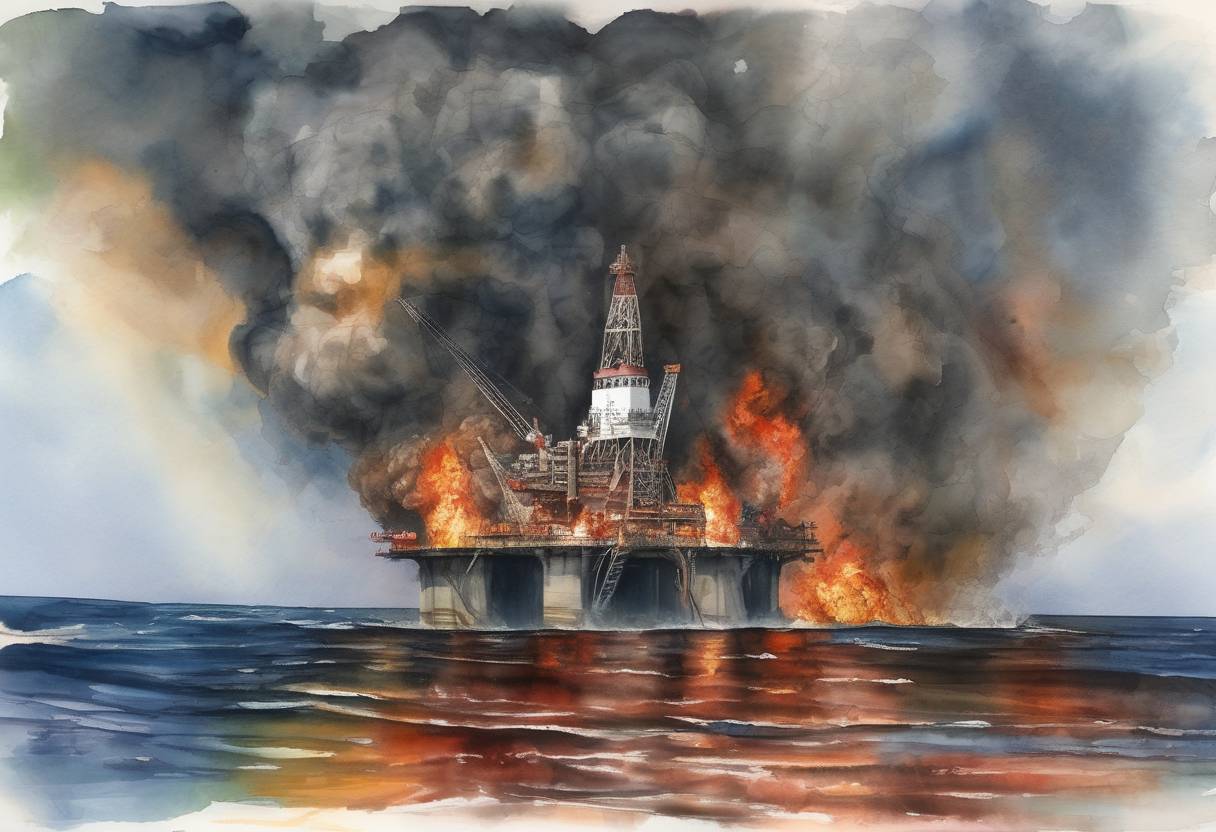 Watercolor painting based depiction of The Deepwater Horizon oil rig exploded in the Gulf of Mexico, leading to one of the largest environmental disasters in U.S. history. (2010)