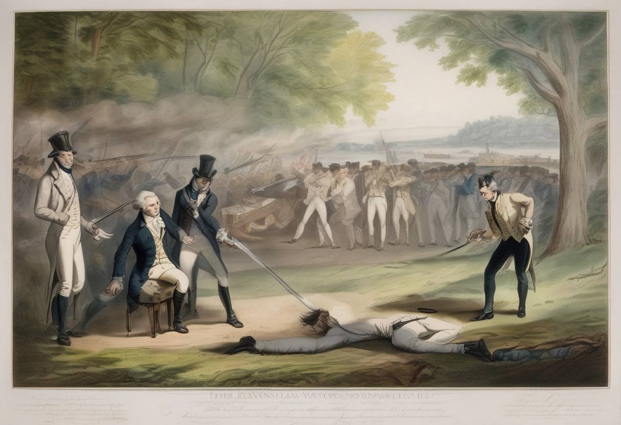 Watercolor painting based depiction of Alexander Hamilton was mortally wounded in a duel with Aaron Burr, the sitting Vice President of the United States, in Weehawken, New Jersey. (1804)