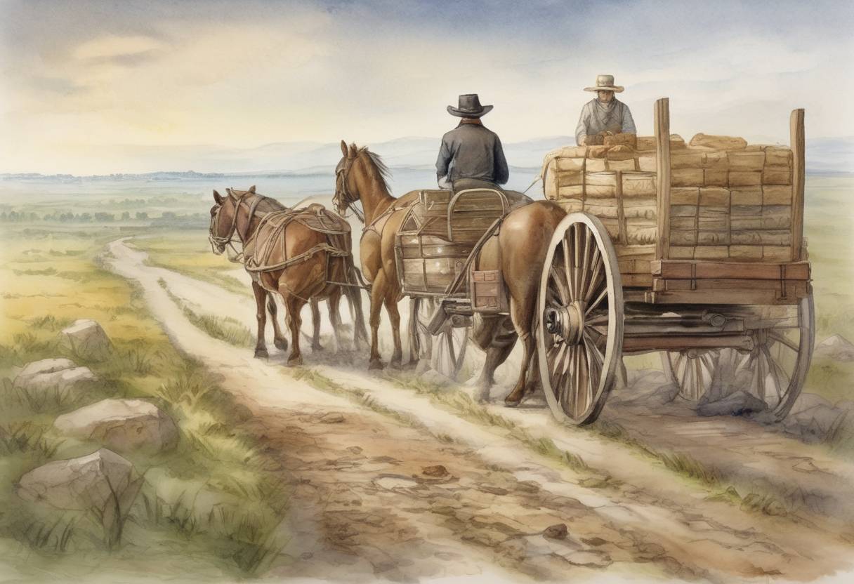 Watercolor painting based depiction of The Mormon handcart pioneers begin their journey from Iowa City to Salt Lake City. (1856)