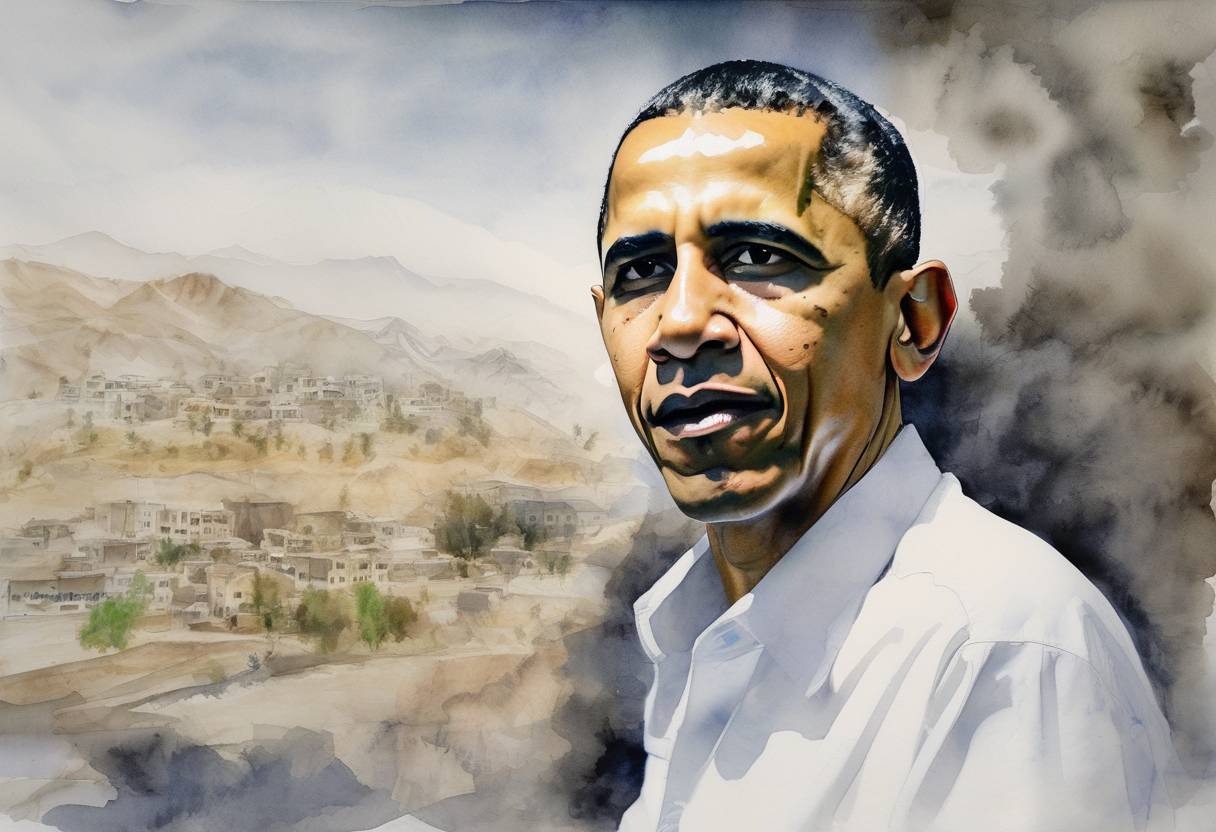 Watercolor painting based depiction of U.S. President Barack Obama announced that Osama bin Laden, the leader of al-Qaeda, was killed by U.S. Navy SEALs in Abbottabad, Pakistan, ending a nearly decade-long manhunt following the September 11 attacks. (2011)