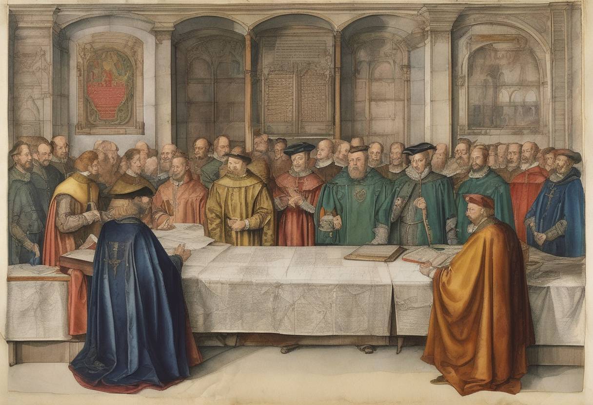 Watercolor painting based depiction of The Augsburg Confession, a central document of Lutheranism, was presented to the Holy Roman Emperor Charles V at the Diet of Augsburg. (1530)