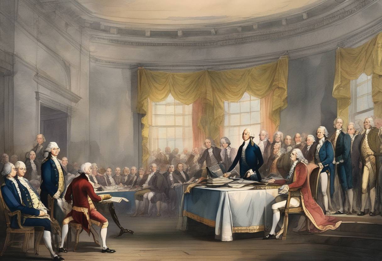 Watercolor painting based depiction of George Washington was unanimously elected as the first President of the United States by the Electoral College. (1789)