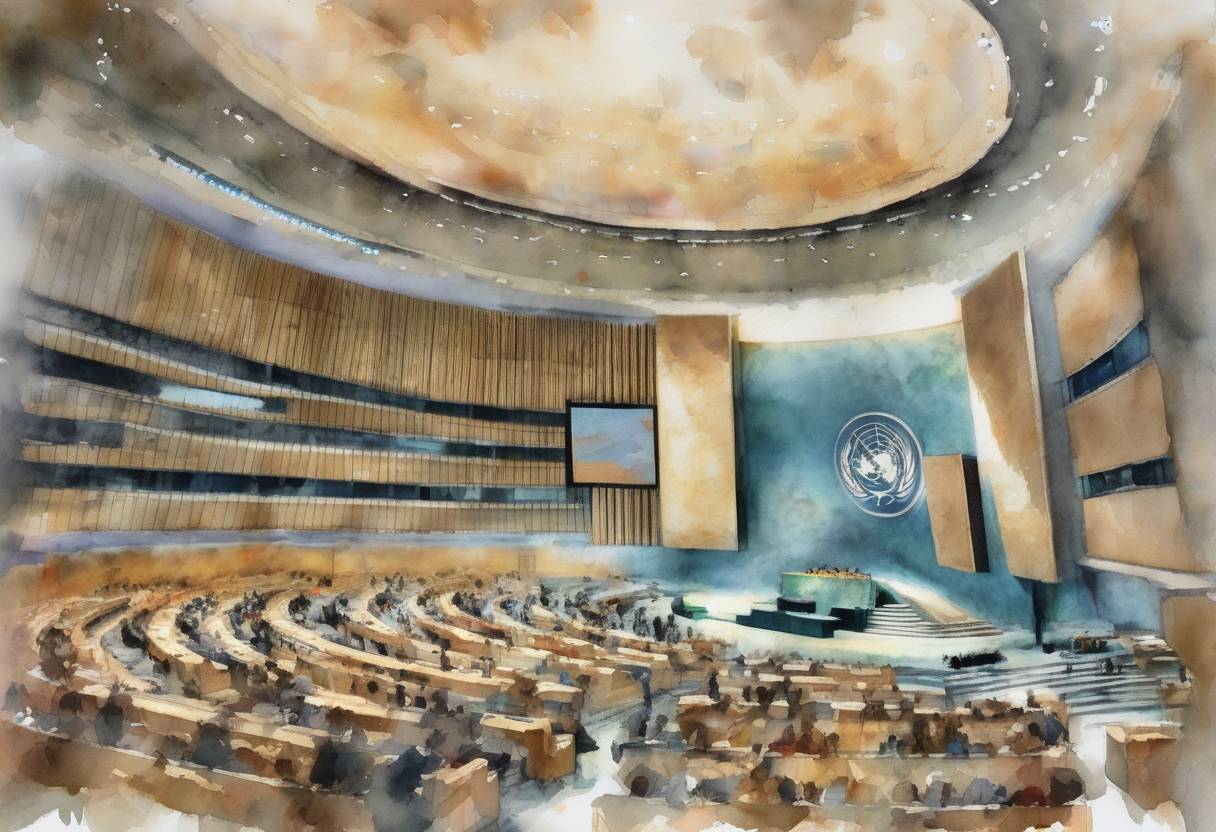Watercolor painting based depiction of The United Nations General Assembly adopted a resolution condemning the Syrian government for its role in the Syrian Civil War. (2013)