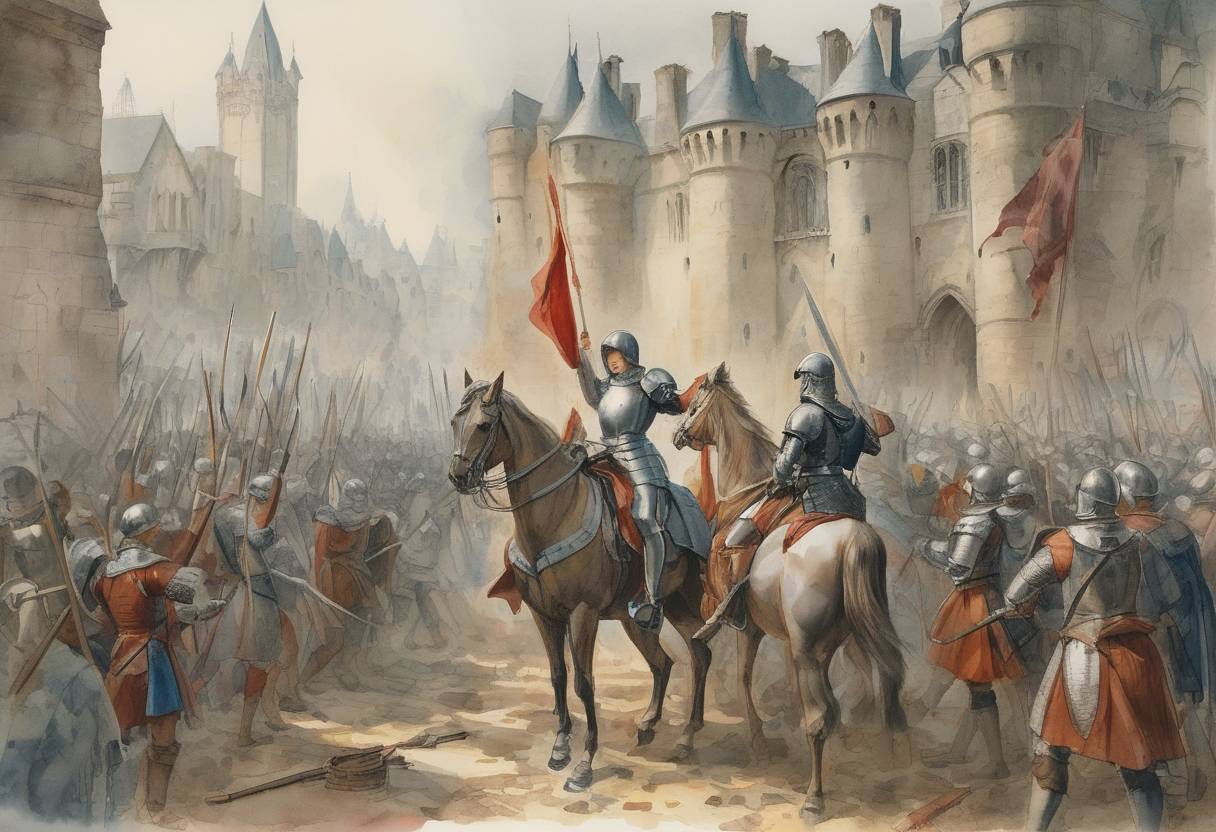 Watercolor painting based depiction of Joan of Arc led the French army in the successful lifting of the Siege of Orléans during the Hundred Years' War, marking a turning point in favor of the French against the English. (1429)