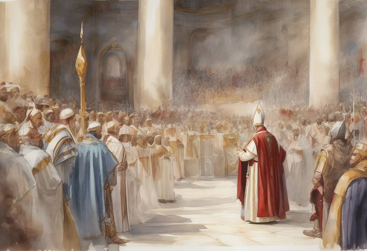 Watercolor painting based depiction of Pope Sylvester I begins his papacy, succeeding Pope Miltiades. (314)