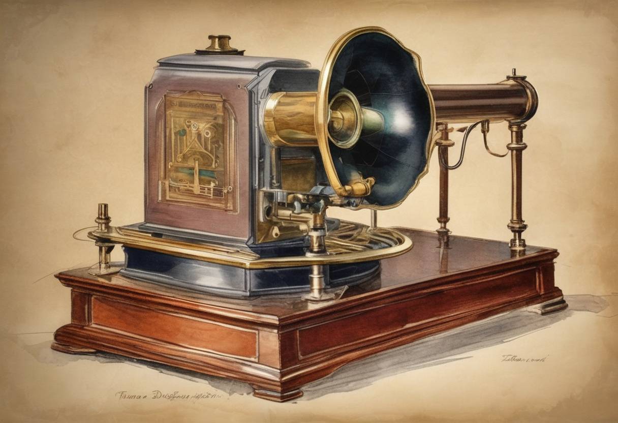 Watercolor painting based depiction of Thomas Edison patented the phonograph, a device for the mechanical recording and reproduction of sound. (1878)
