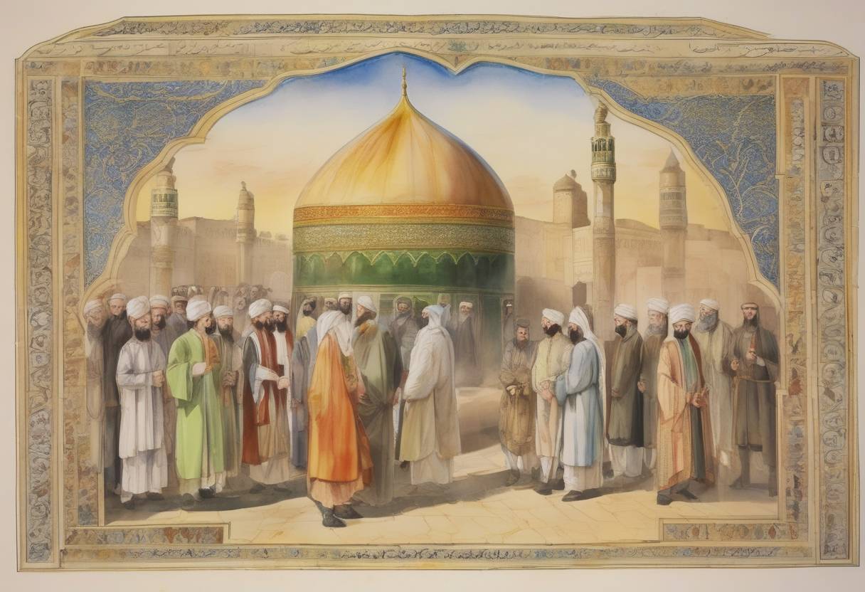 Watercolor painting based depiction of The Abbasid Caliph Harun al-Rashid died, leading to a succession crisis between his sons, al-Amin and al-Ma'mun, which eventually resulted in the Fourth Fitna, a civil war within the Islamic Caliphate. (809)