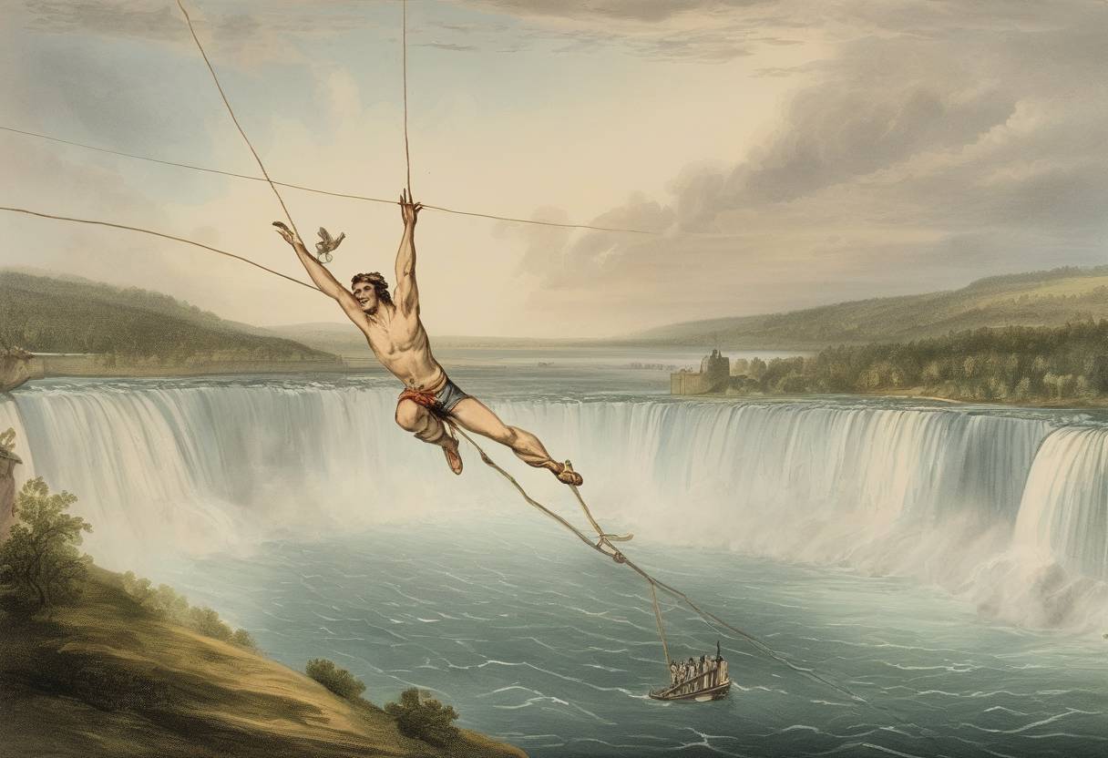 Watercolor painting based depiction of French acrobat Charles Blondin crossed Niagara Falls on a tightrope, a feat that captivated audiences and demonstrated the daring nature of 19th-century entertainment. (1859)