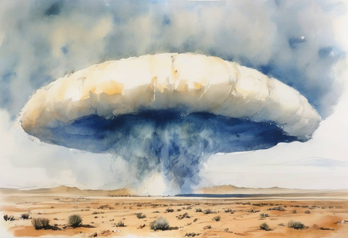 Watercolor painting based depiction of France conducted its first nuclear test, code-named 'Gerboise Bleue', in the Algerian Sahara. (1960)