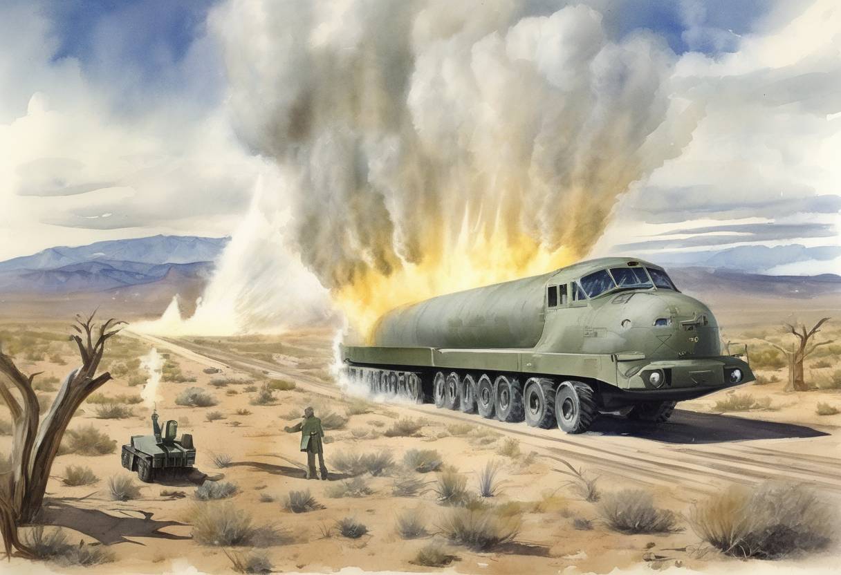 Watercolor painting based depiction of The United States conducts the first test of a nuclear weapon, codenamed Trinity, in the New Mexico desert. (1945)