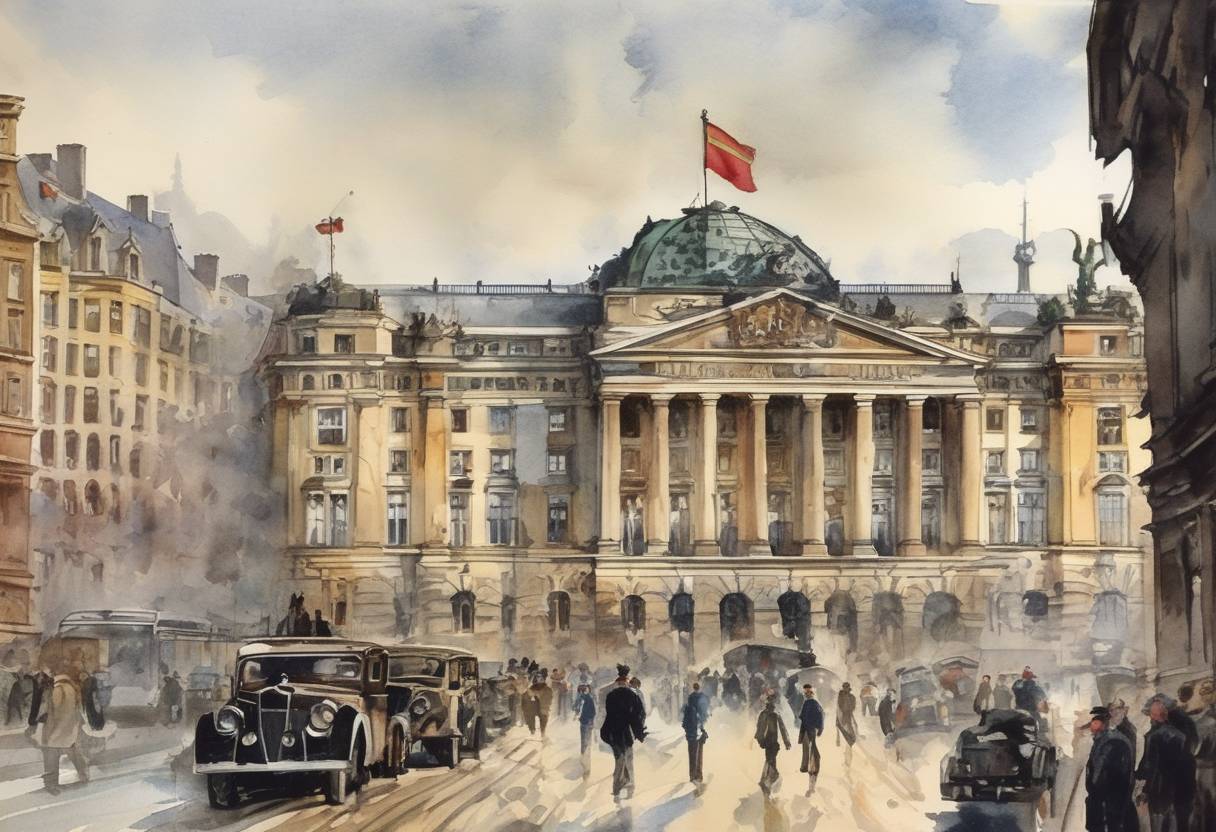 Watercolor painting based depiction of The State of Prussia was officially abolished by the Allied Control Council, marking the end of a significant historical state in Germany. (1947)