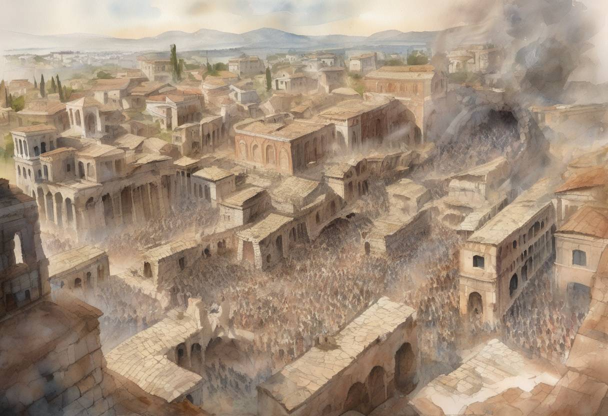 Watercolor painting based depiction of A devastating earthquake struck the city of Antioch, then part of the Byzantine Empire, causing widespread destruction and loss of life. The earthquake, one of the deadliest in history, resulted in tens of thousands of deaths and significant damage to the city. (526)