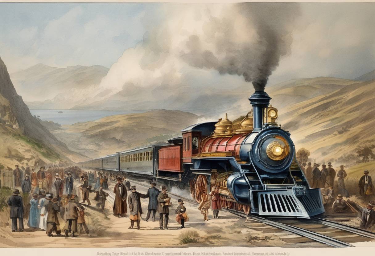 Watercolor painting based depiction of The Transcontinental Express arrives in San Francisco, California, via the First Transcontinental Railroad, completing the journey in 83 hours and 39 minutes from New York City. (1876)