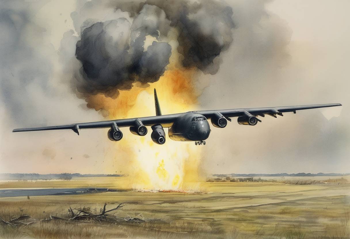 Watercolor painting based depiction of A B-52 bomber carrying two nuclear bombs crashed near Goldsboro, North Carolina, narrowly avoiding a nuclear disaster. (1961)