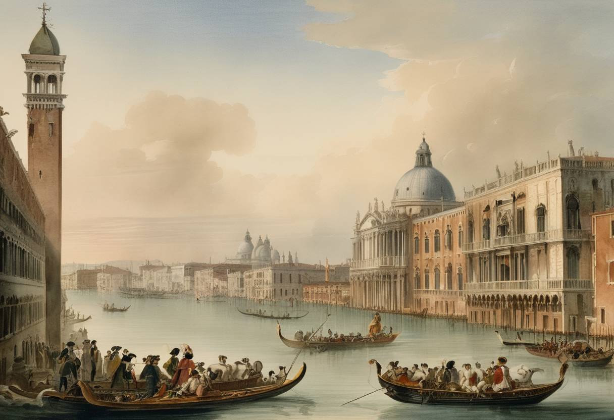 Watercolor painting based depiction of Napoleon Bonaparte conquers Venice. (1797)
