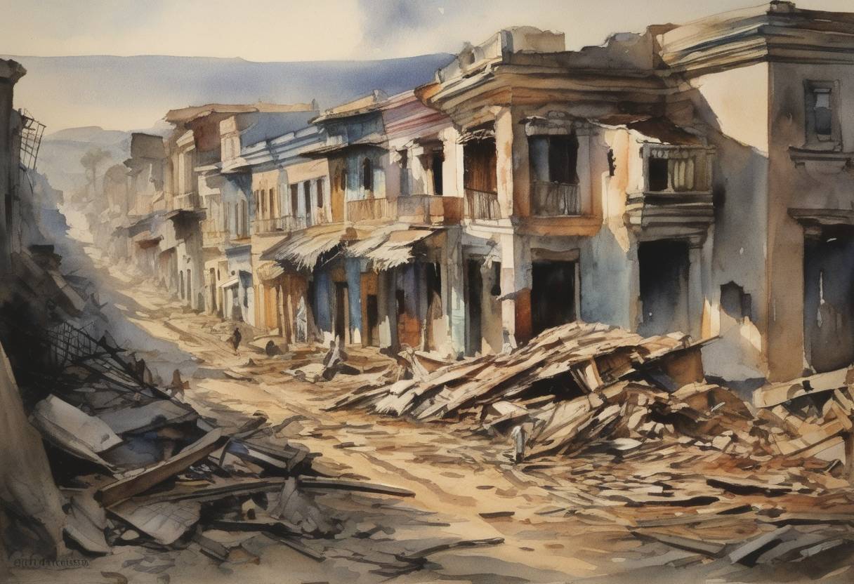 Watercolor painting based depiction of An earthquake measuring approximately 6.0 on the Richter scale struck Managua, Nicaragua, causing extensive damage and loss of life. (1931)