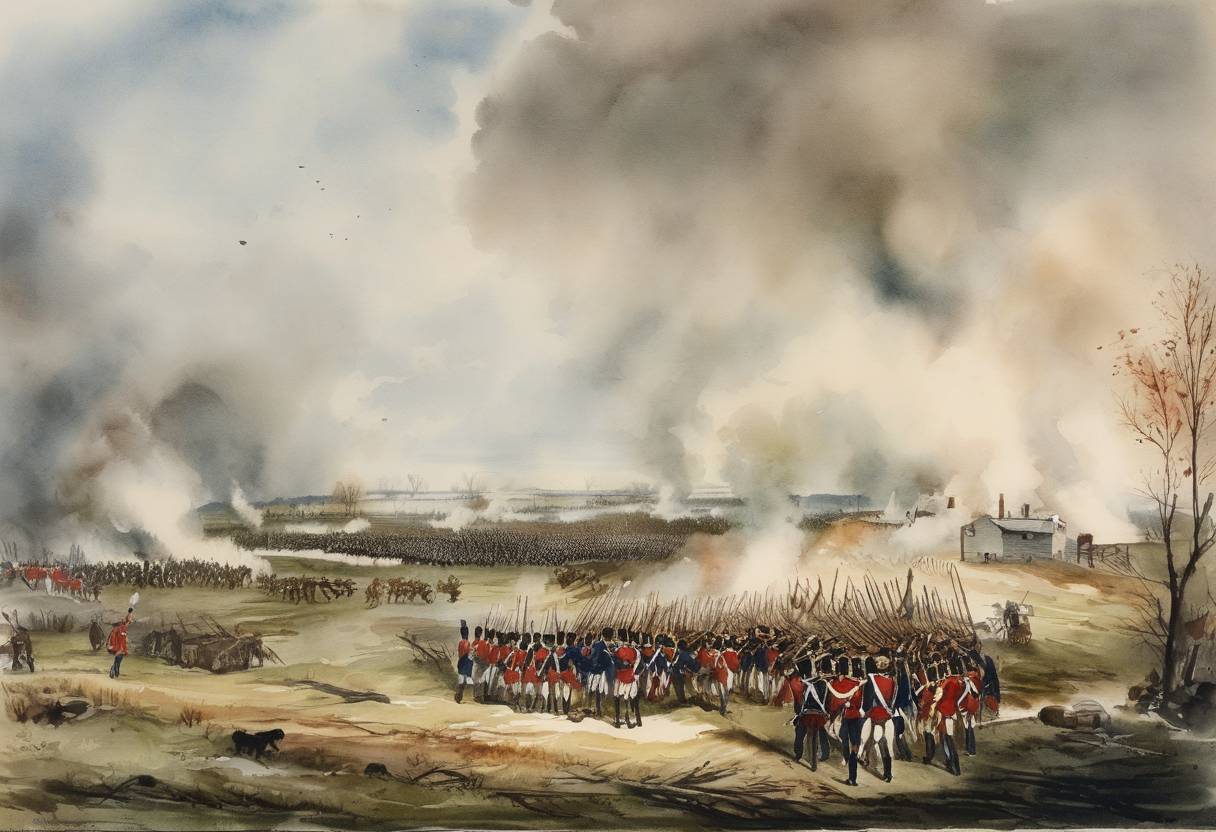 Watercolor painting based depiction of The Battle of Crysler's Farm, part of the War of 1812, took place. British and Canadian forces defeated American troops. (1813)
