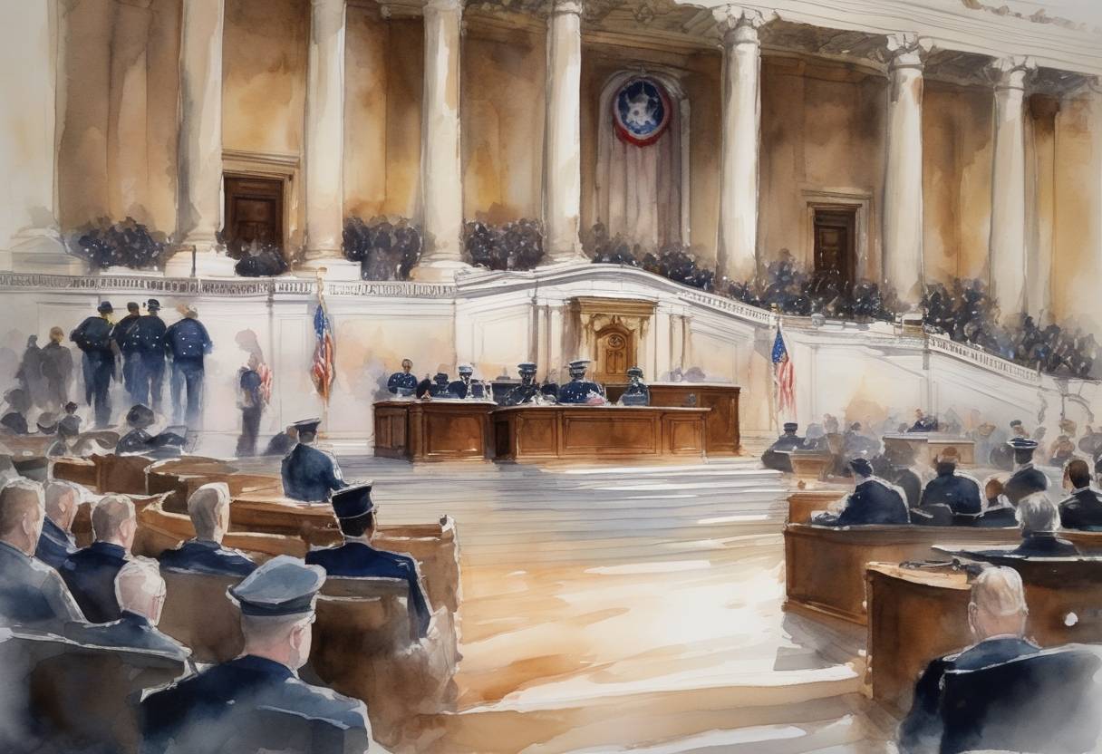 Watercolor painting based depiction of The United States witnessed a significant event as hearings commenced on the January 6th Capitol riot, with U.S. Capitol Police officers testifying on their experiences during the storming of Congress. (2021)