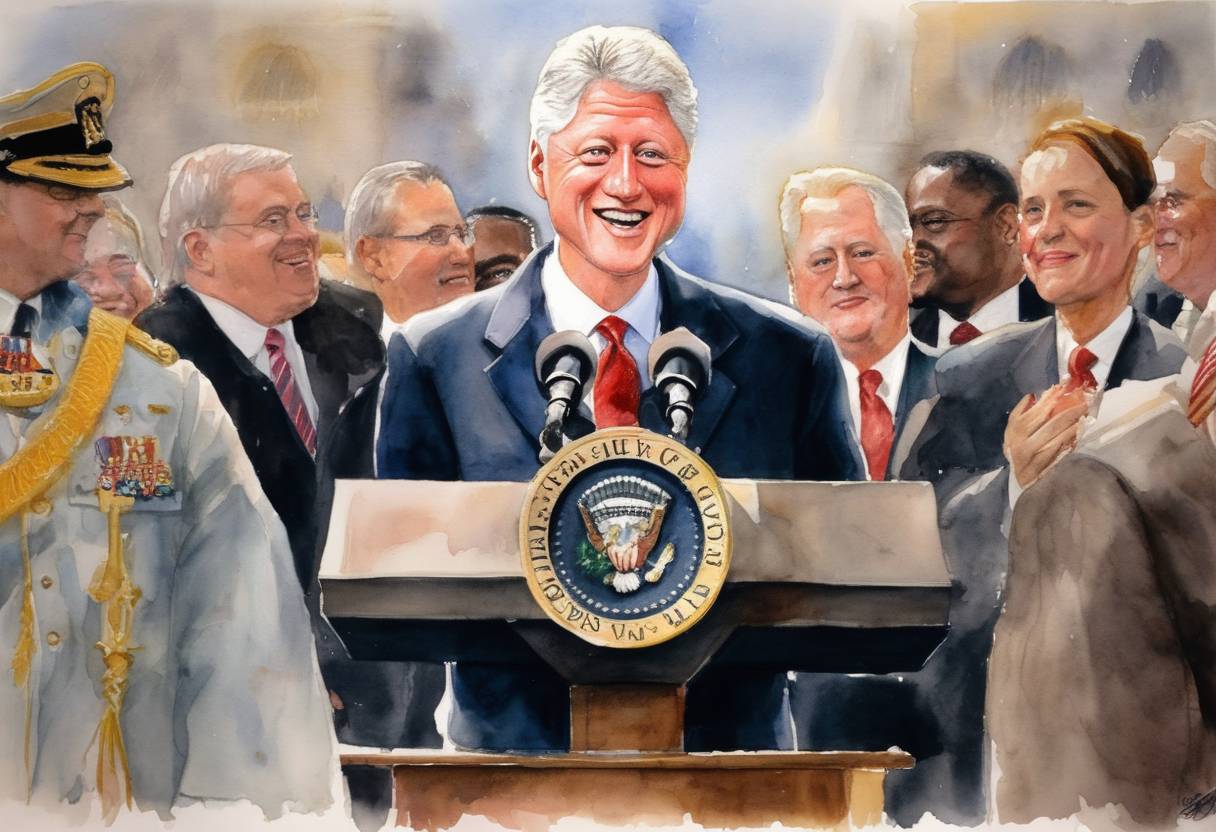 Watercolor painting based depiction of Bill Clinton is inaugurated for his second term as the 42nd President of the United States. (1997)